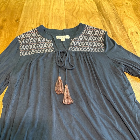 Knox Rose Blue Long Sleeve Peasant Embroidered Stretch Shirt Womens Size Large - Picture 3 of 9